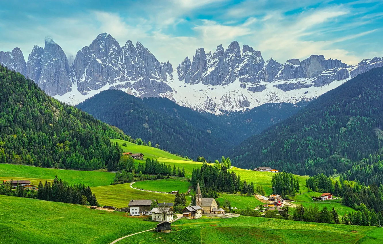 Photo wallpaper forest, trees, mountains, rocks, field, Italy, houses, meadows