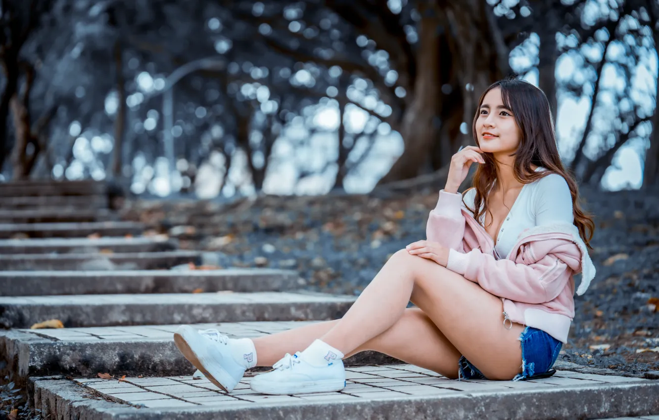 Photo wallpaper girl, ladder, stage, legs, Asian, cutie, bokeh