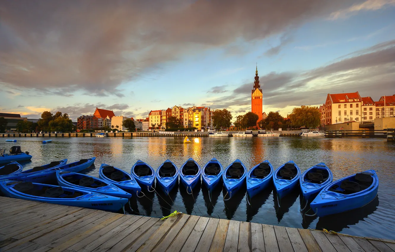 Photo wallpaper the sky, clouds, light, blue, lake, shore, boat, view