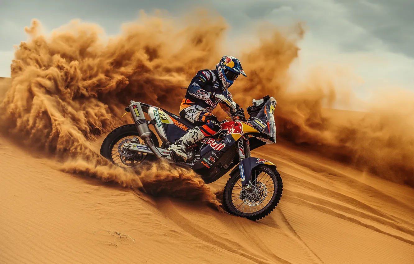 Photo wallpaper Sand, Sport, Skid, Motorcycle, Racer, Moto, KTM, Bike