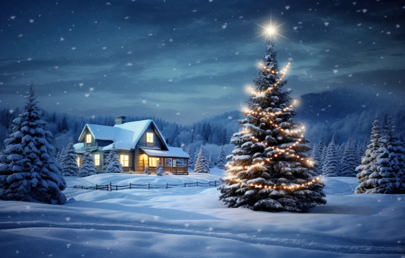 Photo wallpaper winter, snow, nature, new year, Christmas, house, hut, hut