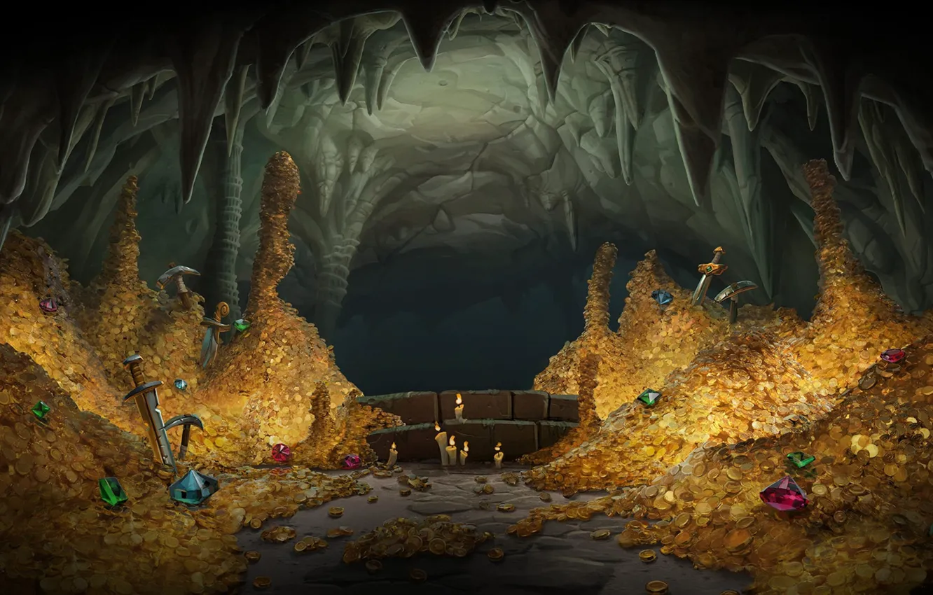 Photo wallpaper gold, sword, cave, coins