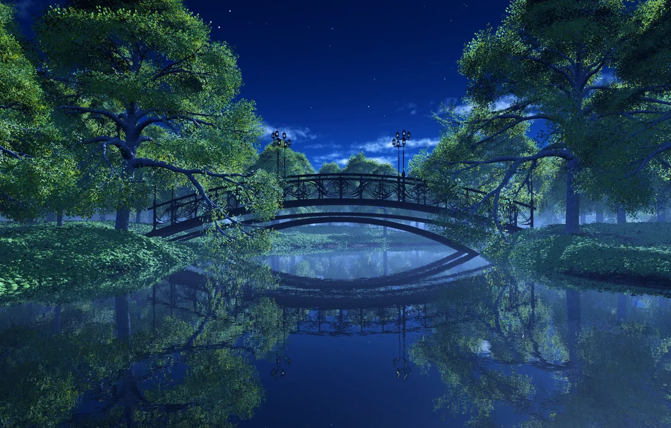 Photo wallpaper trees, landscape, night, bridge, Park, river, lights