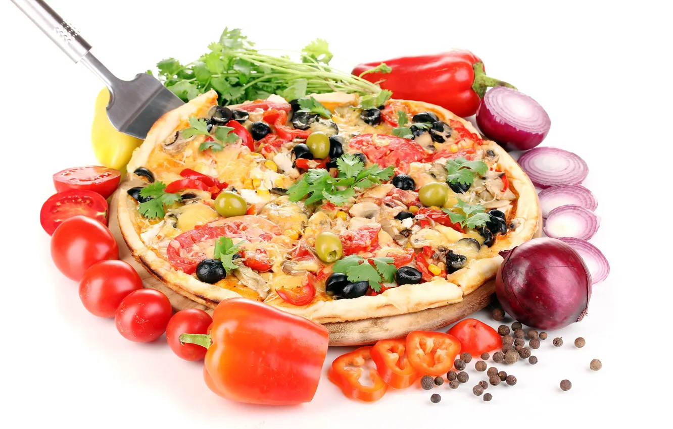 Photo wallpaper cheese, pepper, vegetables, pizza, tomatoes, olives, delicious