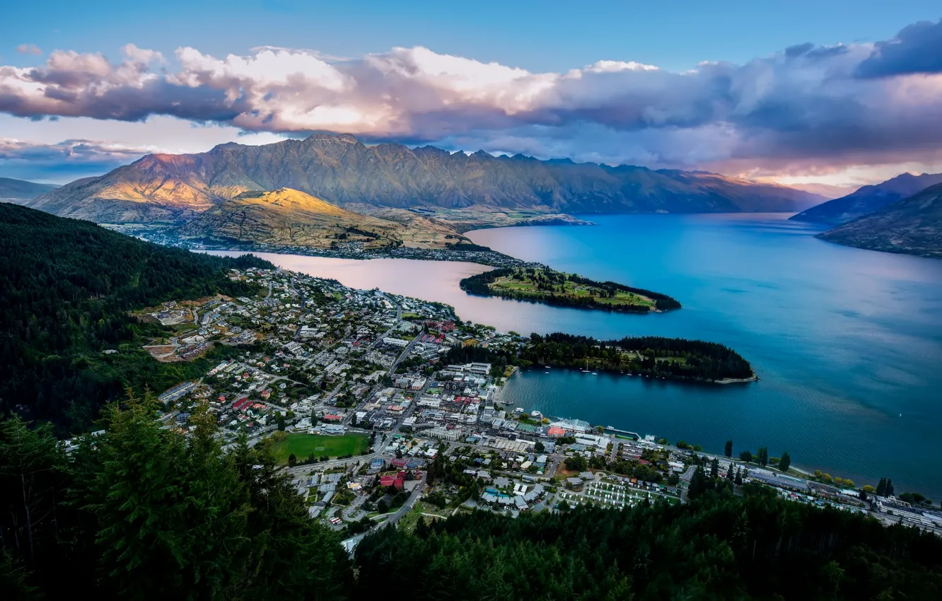 Photo wallpaper mountains, the city, Bay, New Zealand, panorama, New Zealand, Queenstown, Queenstown