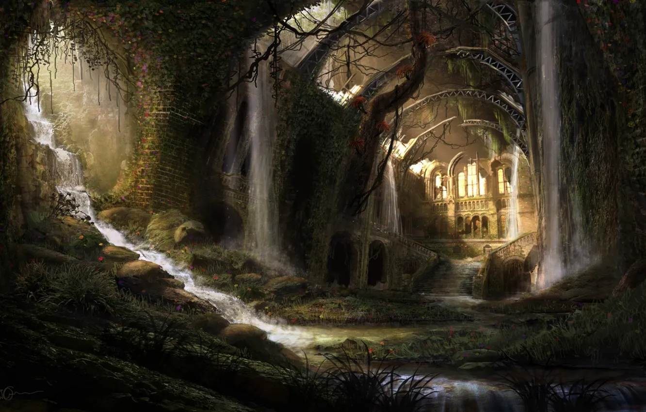 Photo wallpaper water, flowers, thickets, waterfall, ruins