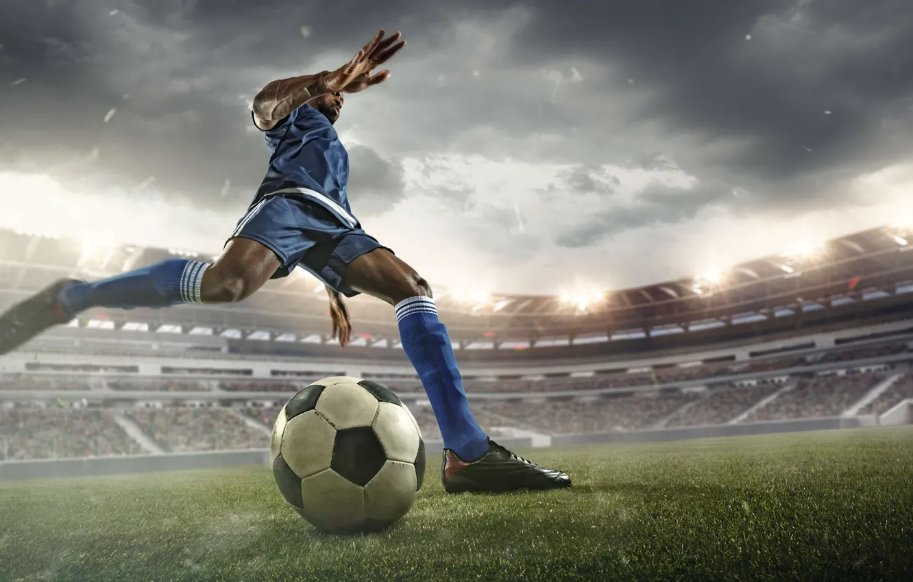 Photo wallpaper grass, clouds, football, sport, the ball, male, stadium