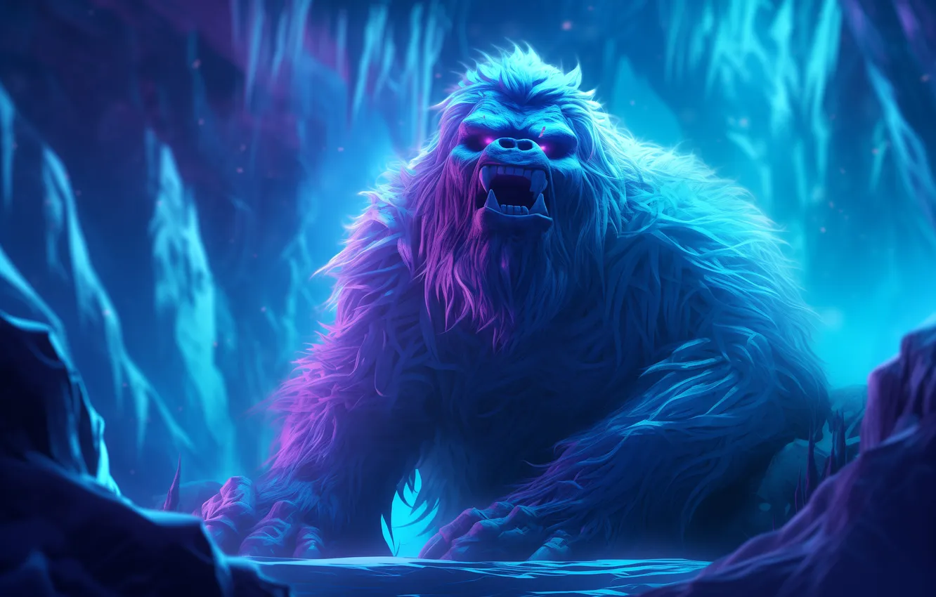 Photo wallpaper look, being, fangs, grin, cave, Yeti, Bigfoot, digital art