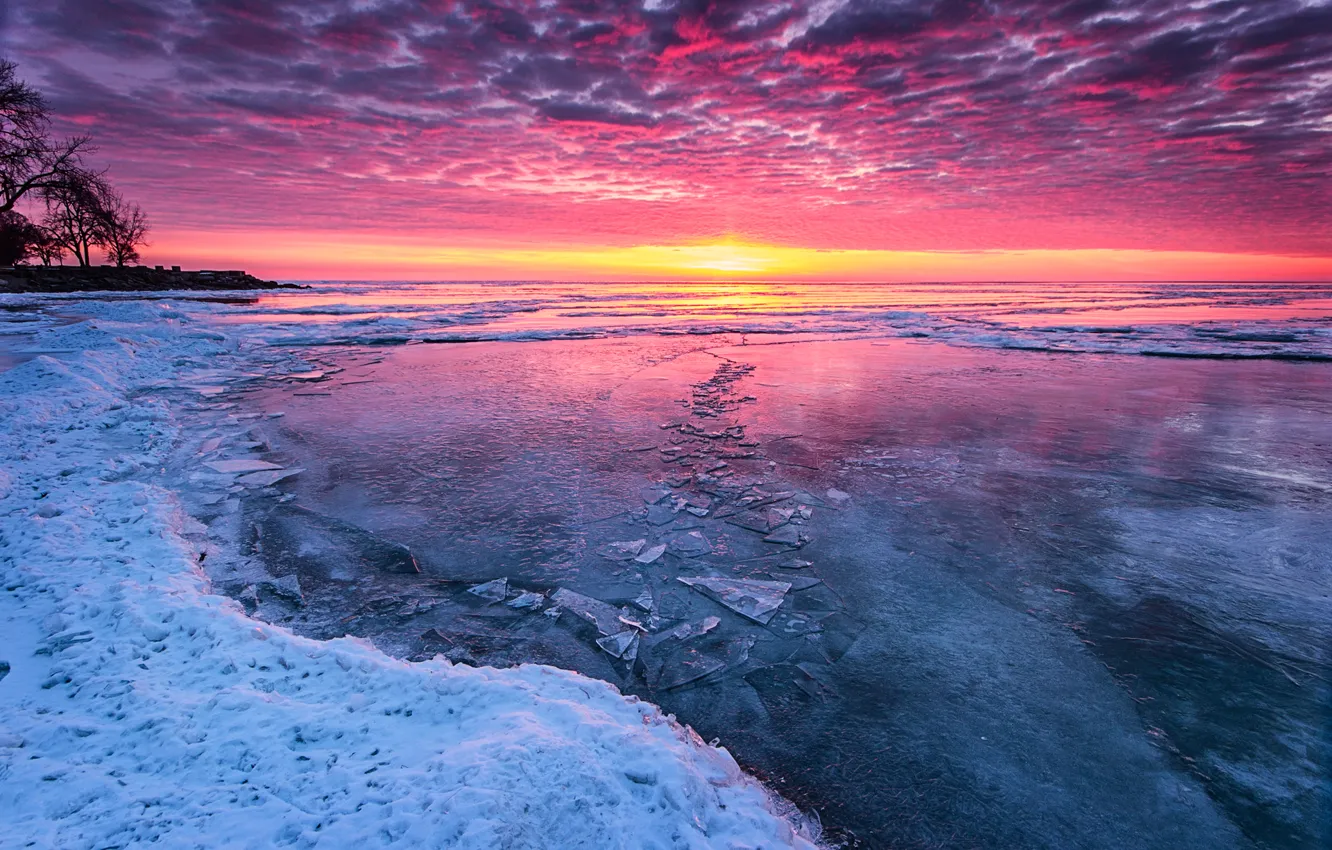 Photo wallpaper cold, ice, winter, sunset, lake