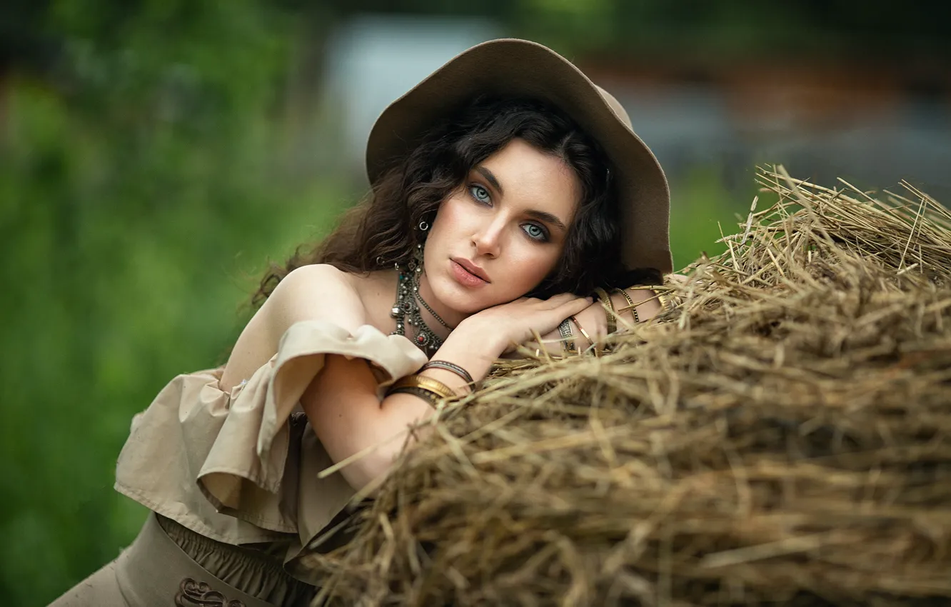 Photo wallpaper look, girl, decoration, hat, dress, brunette, hay, shoulders