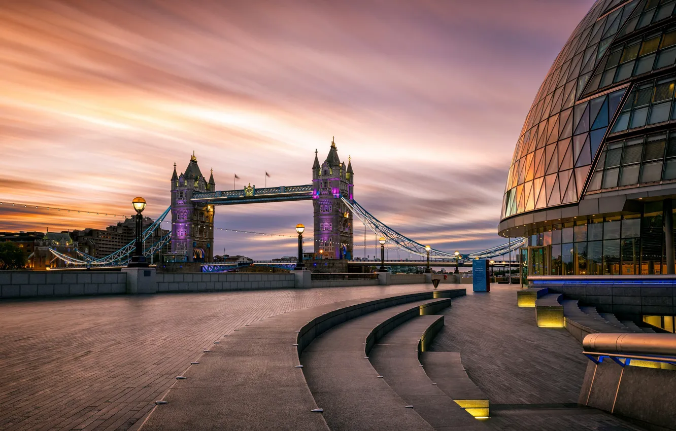 Photo wallpaper dawn, England, London, lights, Tower bridge, promenade