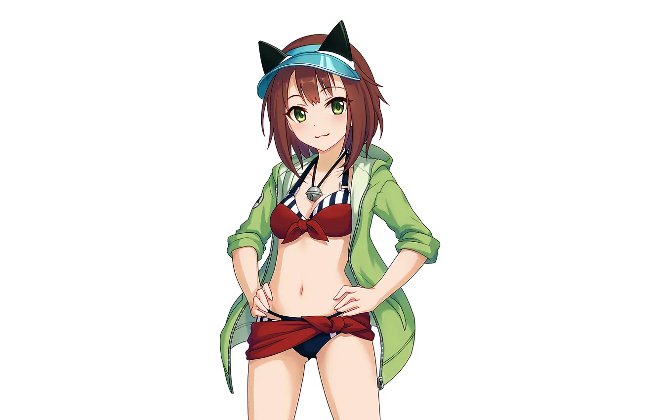 Photo wallpaper girl, sexy, cleavage, green eyes, brown hair, boobs, anime, beautiful