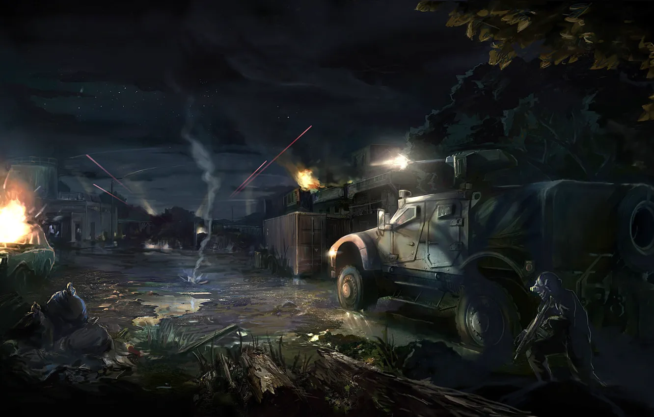 Photo wallpaper machine, night, the city, war, burns, tracers, ARMA 3