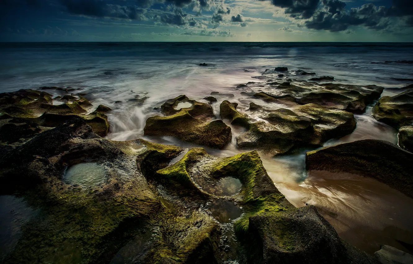 Photo wallpaper sea, the sky, clouds, landscape, stones, shore