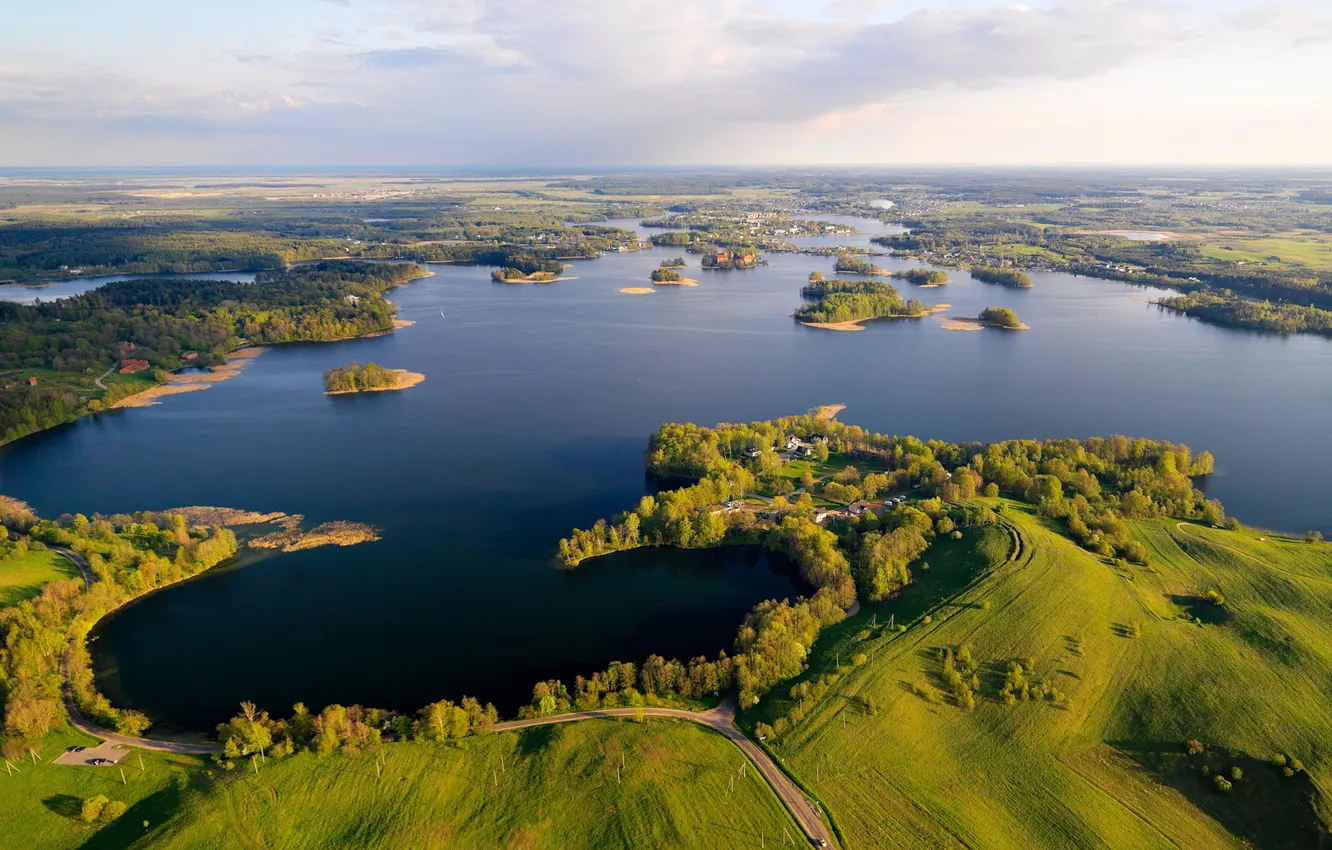 Photo wallpaper field, forest, the sky, grass, trees, island, dal, horizon