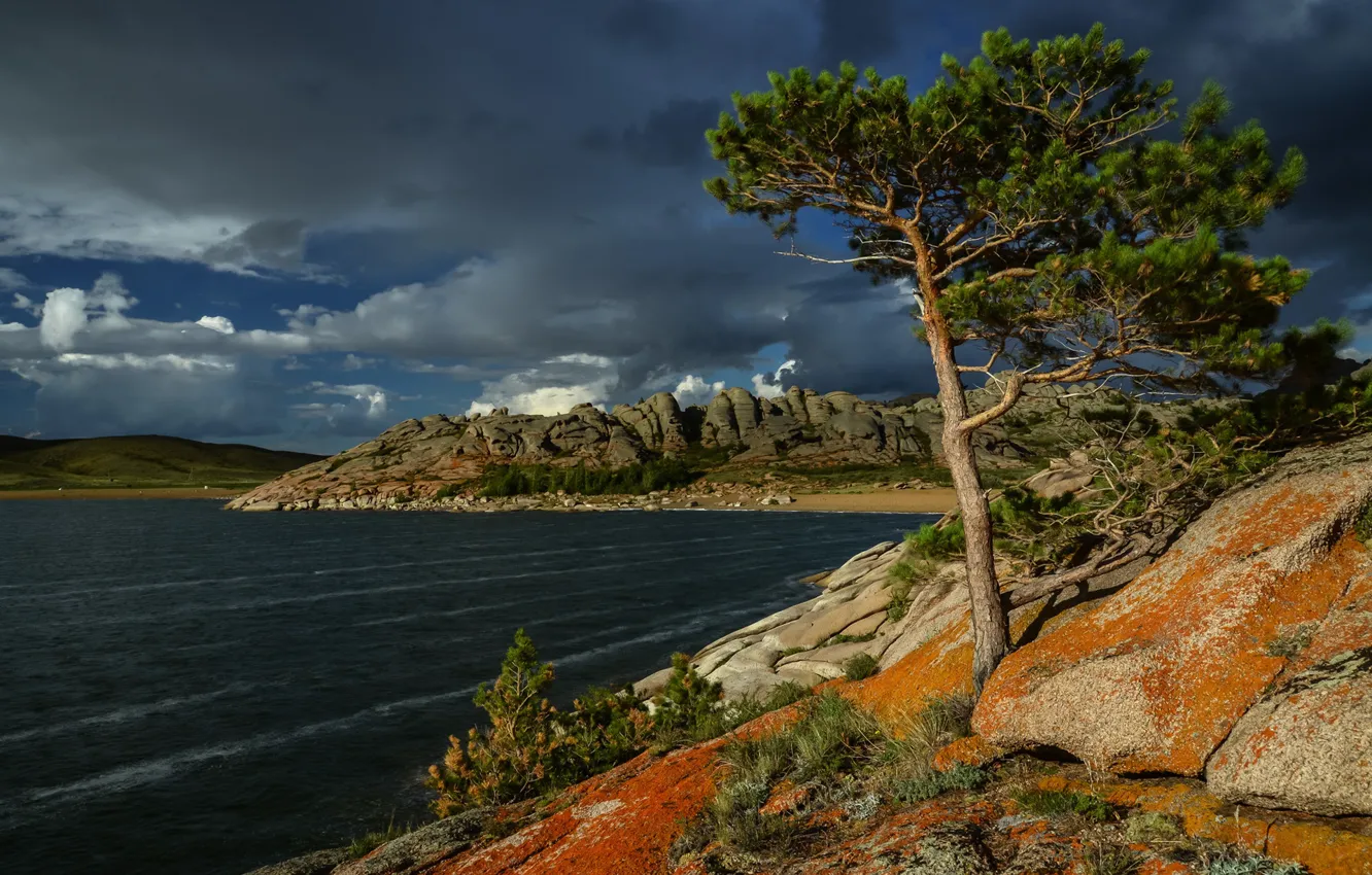 Photo wallpaper the sky, trees, lake, stones, Kazakhstan, pine, Lake Toraigyr, Bayanaul national Park