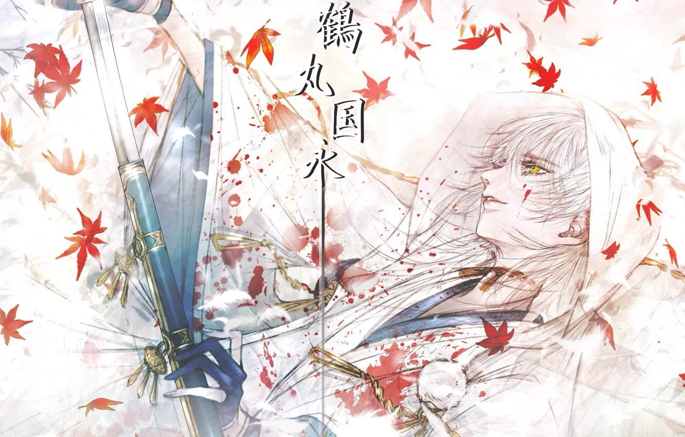 Photo wallpaper leaves, blood, katana, guy, by kuroe