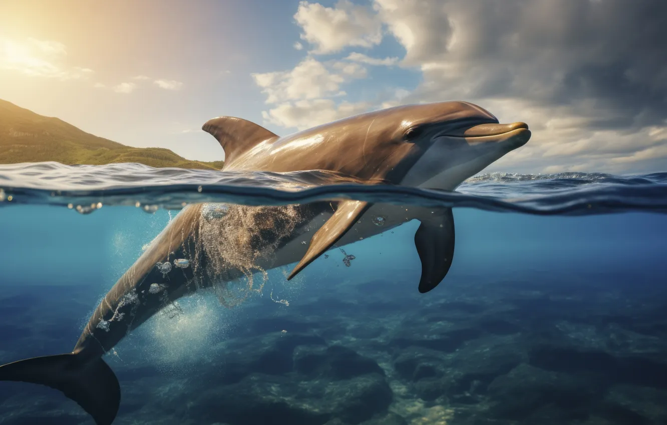 Photo wallpaper water, dolphins, digital art, AI art, The Art of Artificial Intelligence, neural network
