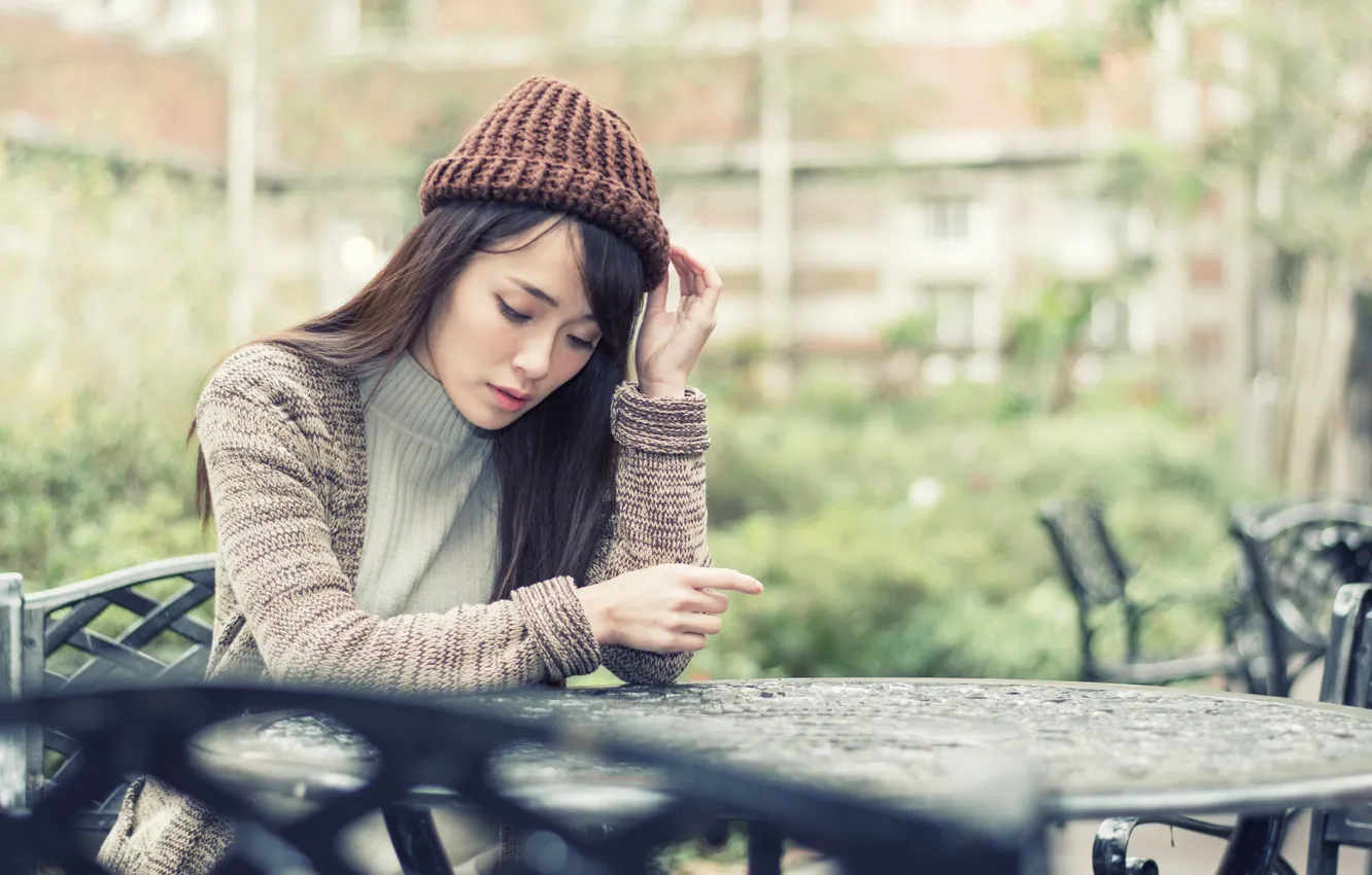 Photo wallpaper girl, Asian, cap, sweater