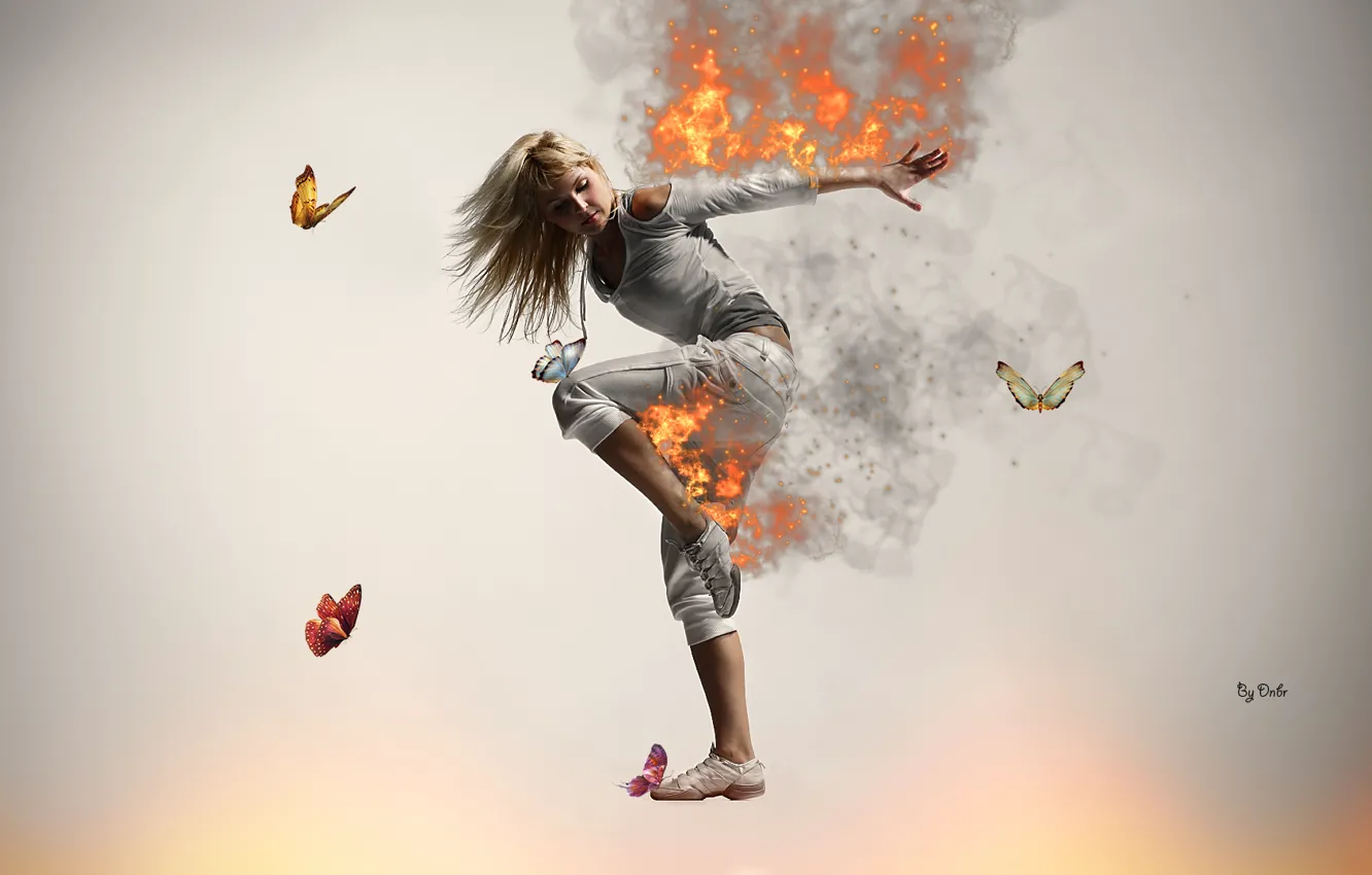 Photo wallpaper Girl, Fire, Blonde, Butterfly, Dance