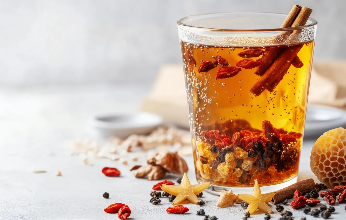 Photo wallpaper glass, glass, table, tea, drink, placer, cinnamon, light background