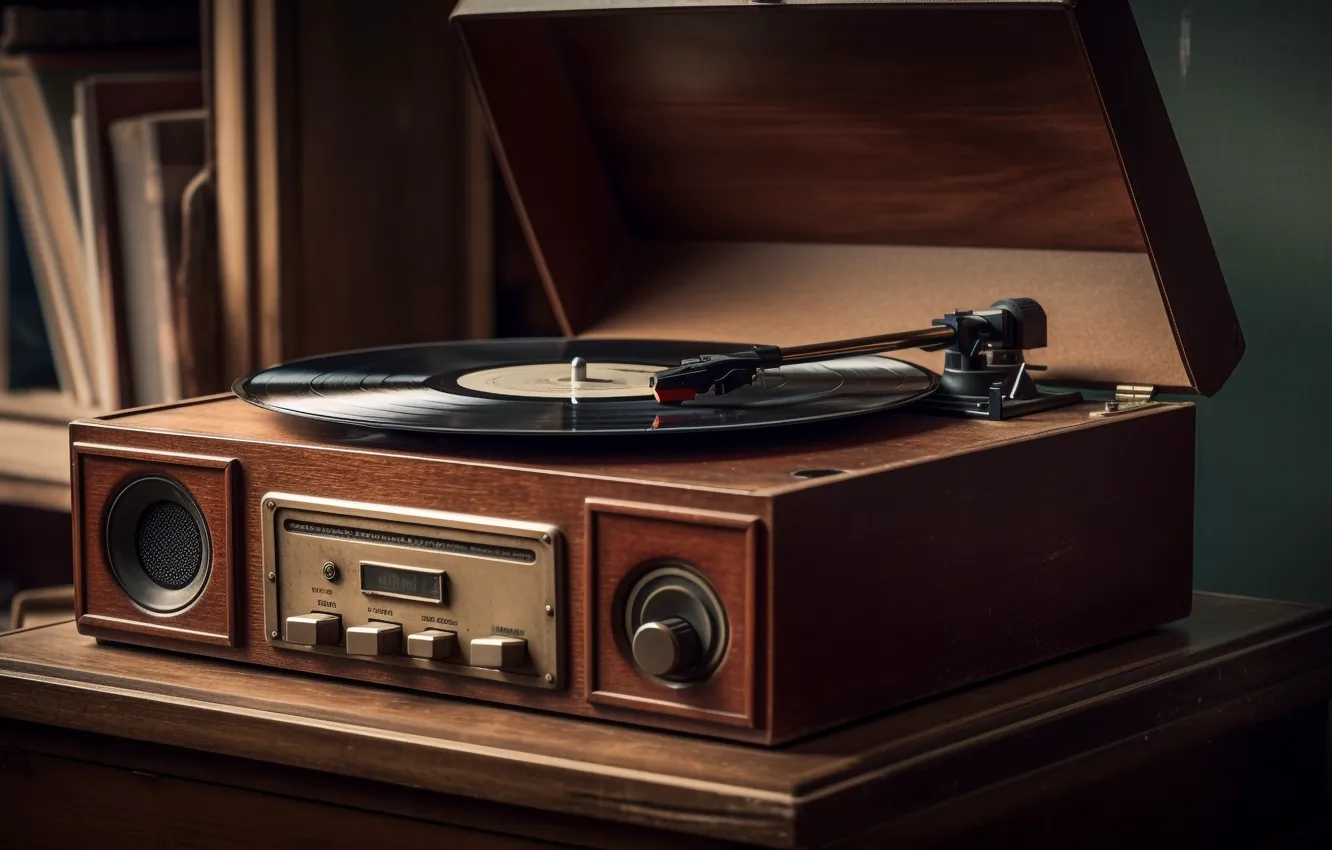Photo wallpaper retro, music, table, player, book, vinyl, record, box