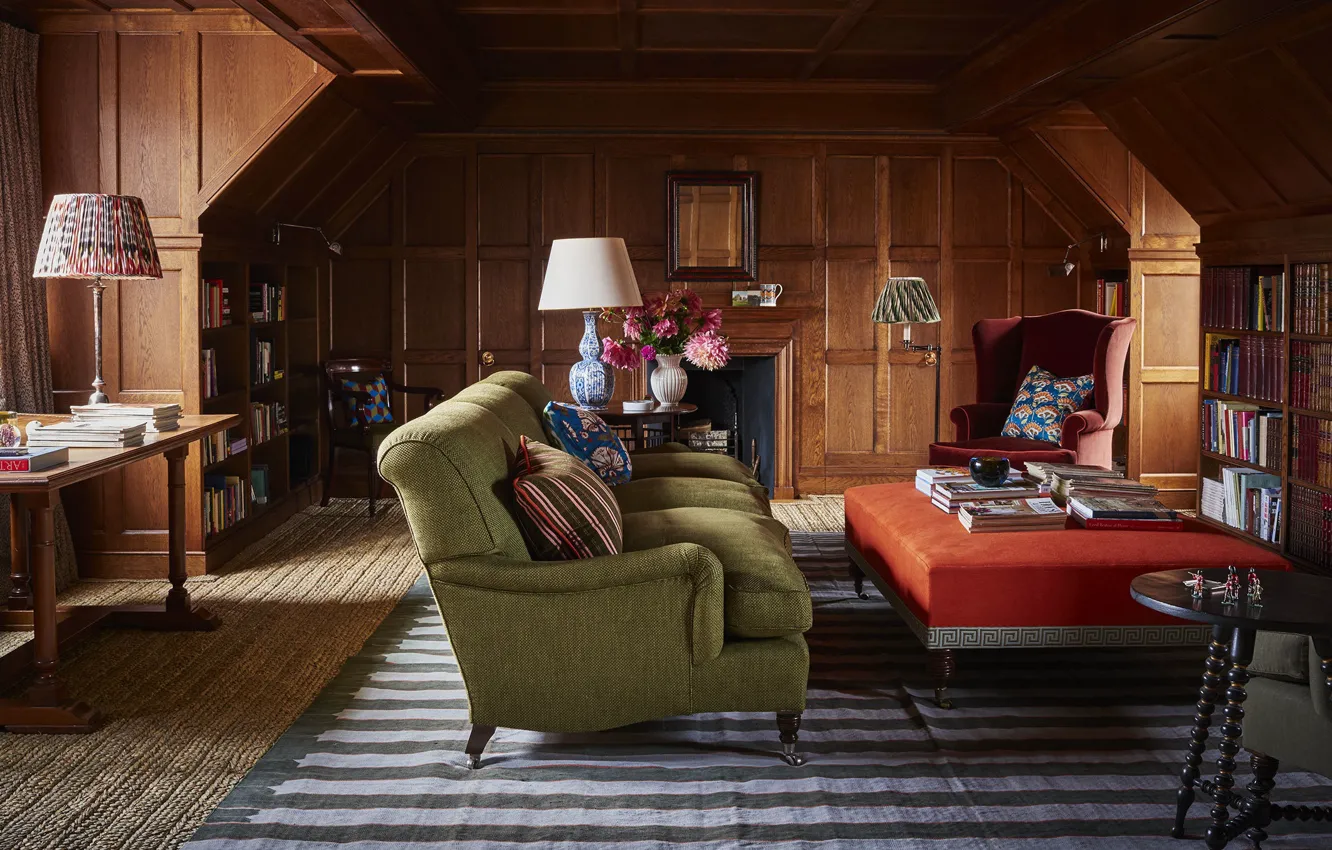 Photo wallpaper design, comfort, interior, fireplace, library, living room, English style