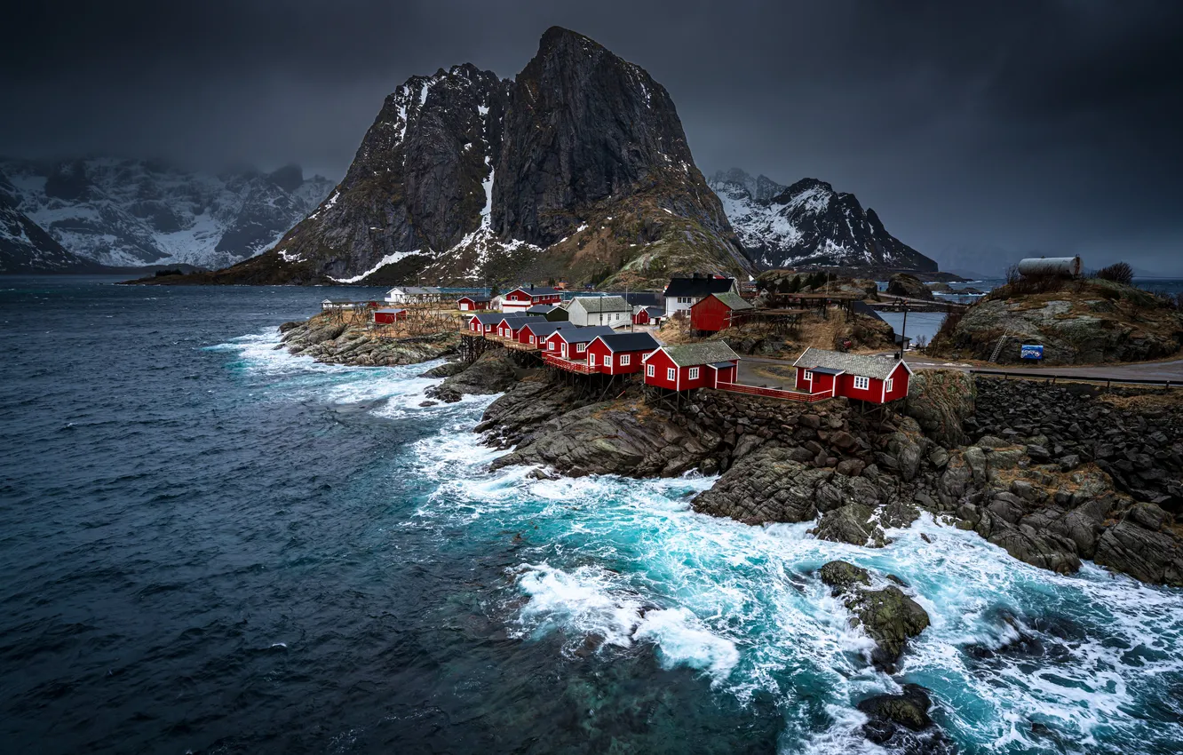 Photo wallpaper sea, wave, mountains, stones, rocks, shore, Norway, surf