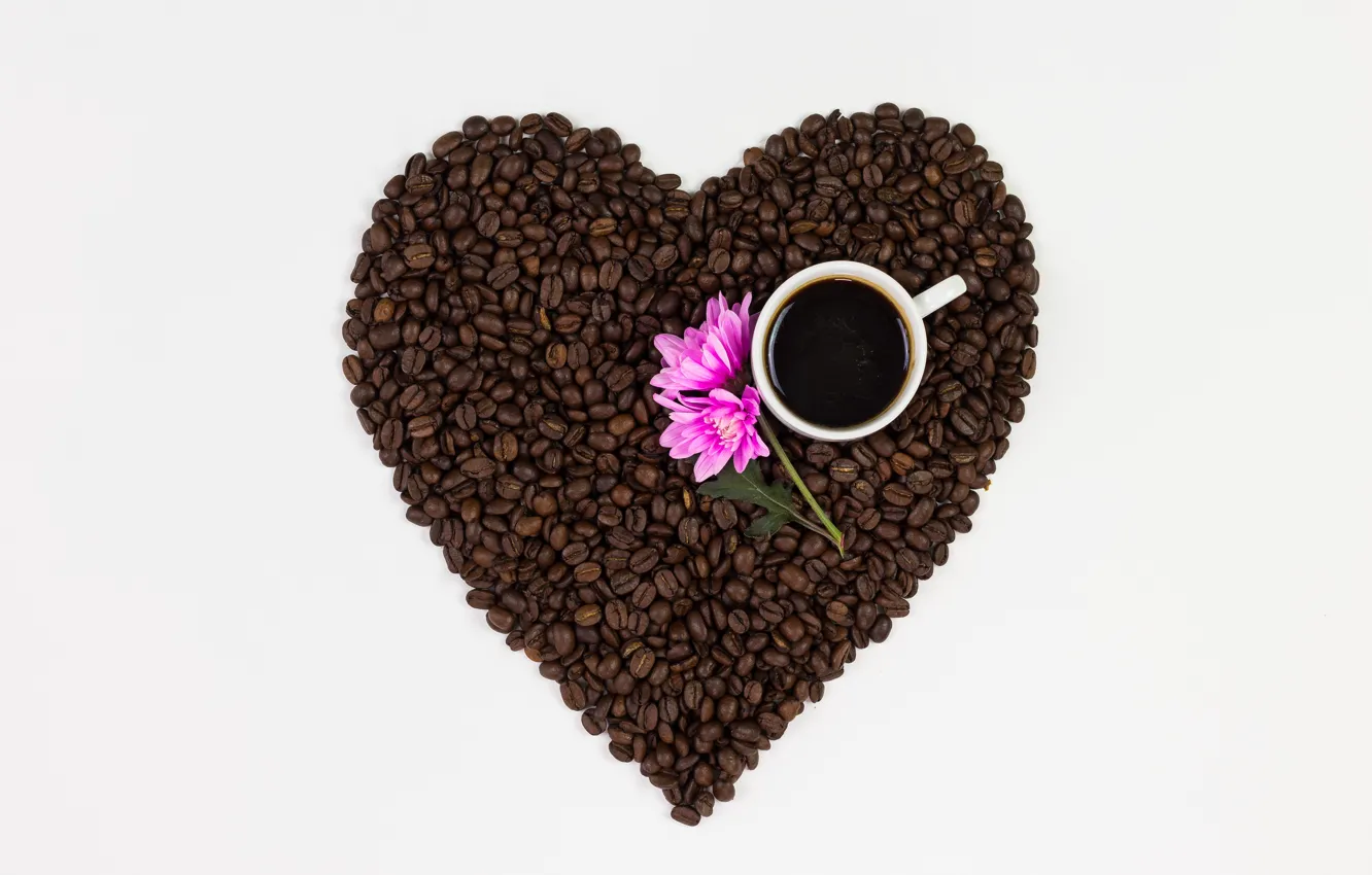Photo wallpaper love, flowers, heart, coffee, grain, love, heart, pink