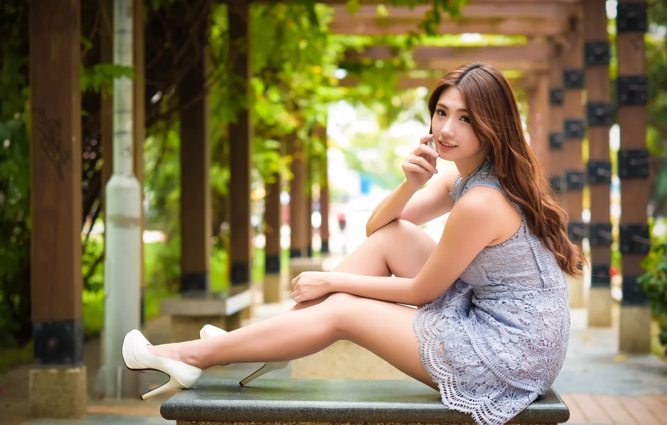 Photo wallpaper look, model, portrait, makeup, figure, dress, hairstyle, shoes