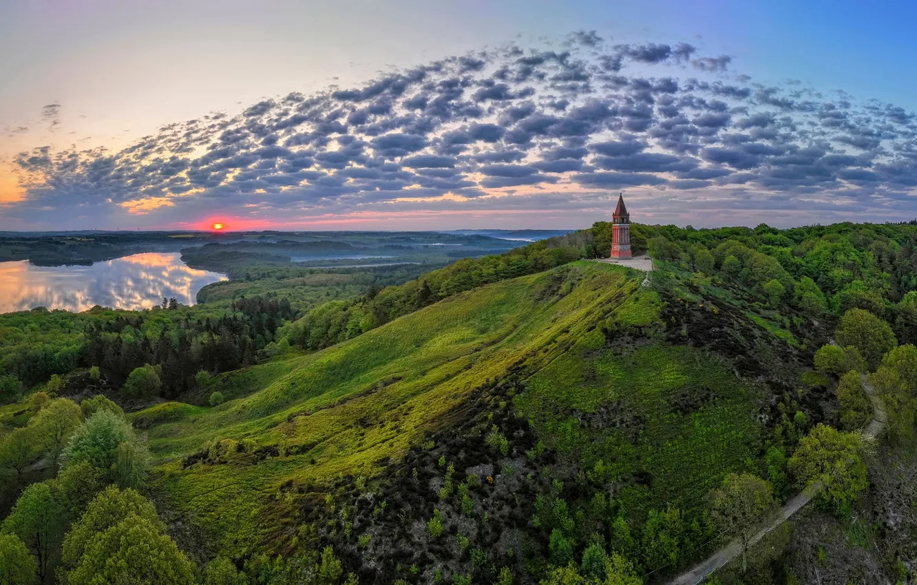 Photo wallpaper green, forest, tower, photography, trees, landscape, nature, sunset