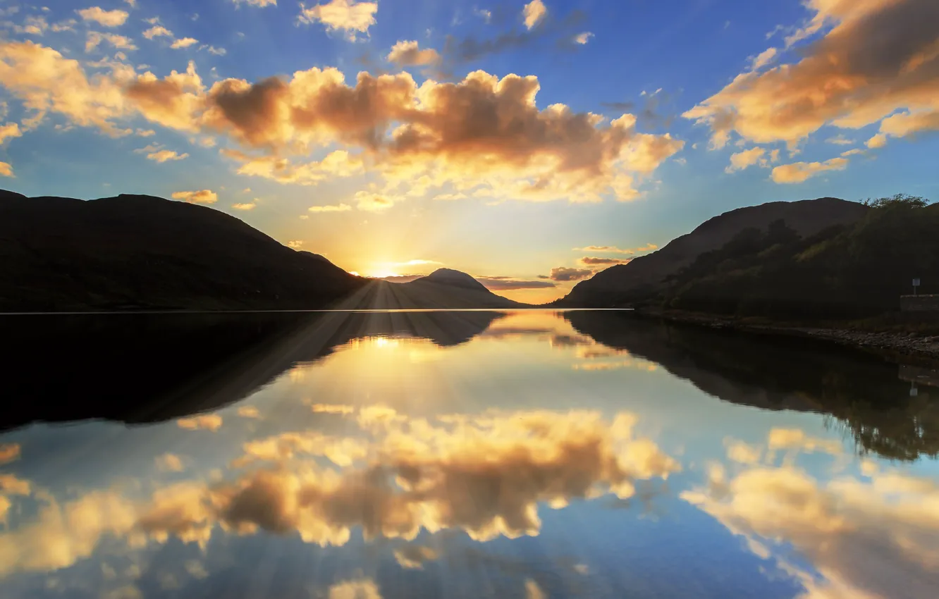 Photo wallpaper the sun, mountains, lake, morning