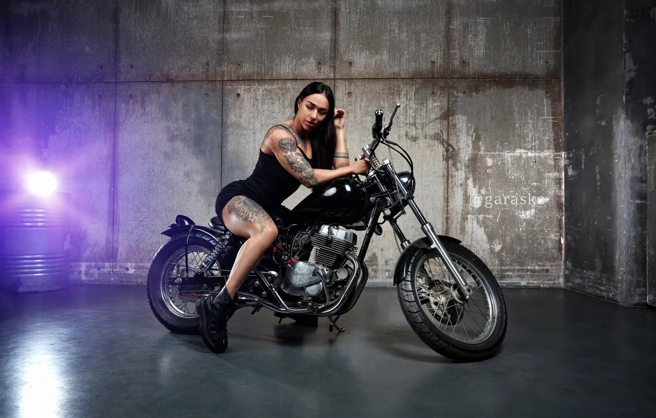 Photo wallpaper girl, pose, brunette, tattoo, motorcycle, Honda, long hair, closed eyes