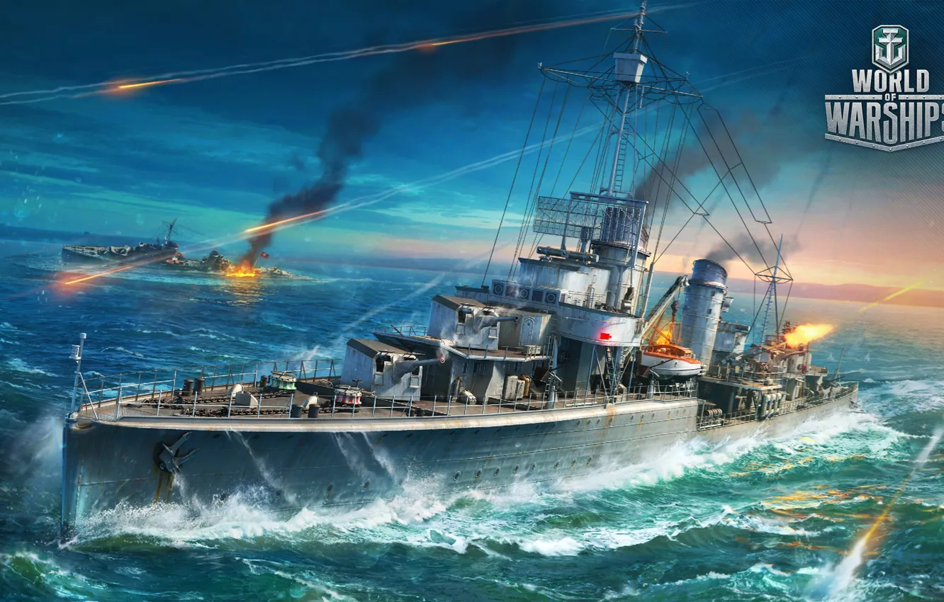 Photo wallpaper the ocean, fire, war, the game, ship, ships, destroyer, World Of Warship