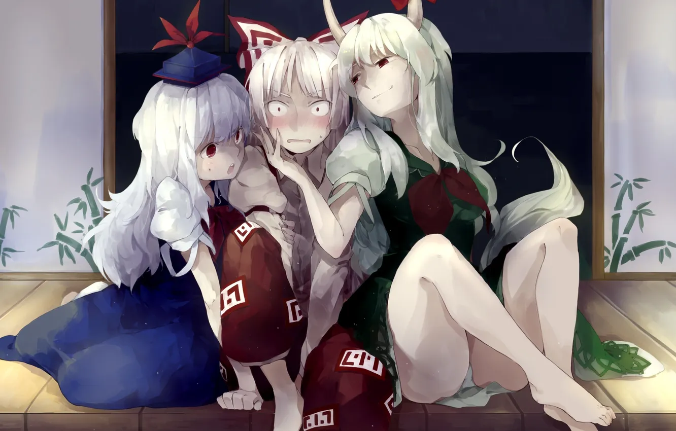 Photo wallpaper girl, home, art, horns, bow, touhou, Fujiwara no Mokou, imouko