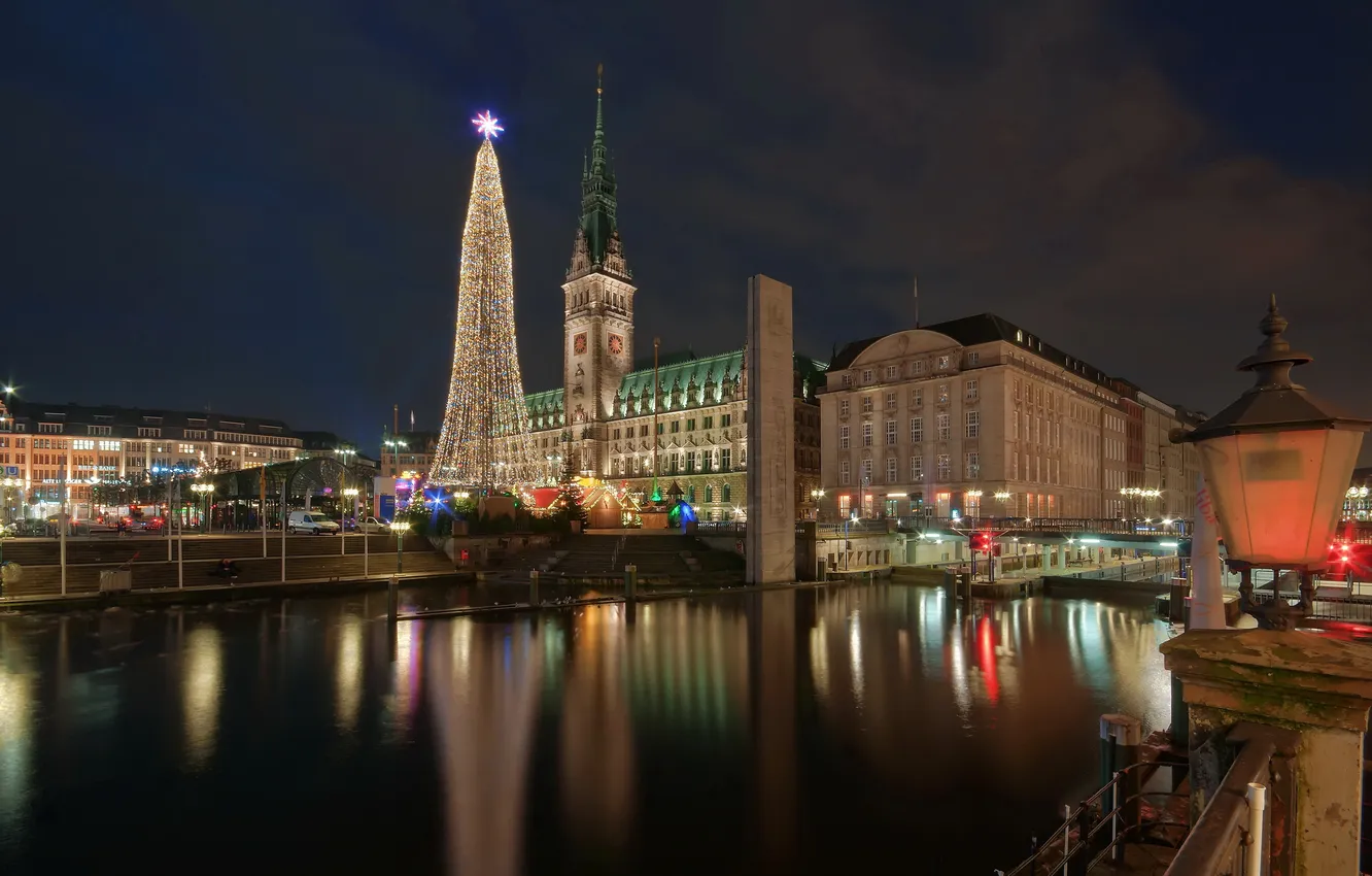 Photo wallpaper night, the city, river, photo, tree, home, Germany, Hamburg