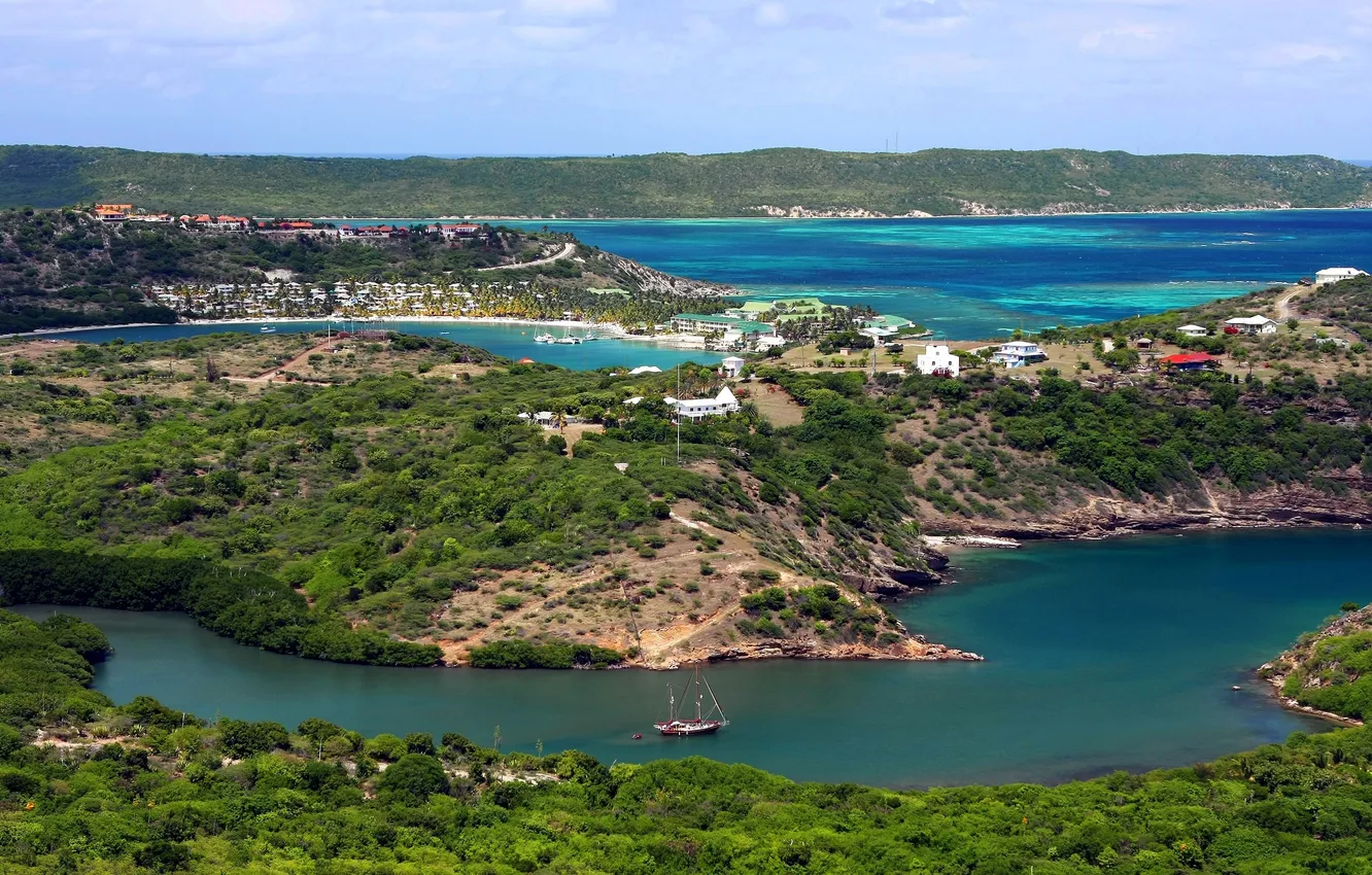 Photo wallpaper sea, greens, forest, the sky, mountains, the ocean, hills, vegetation