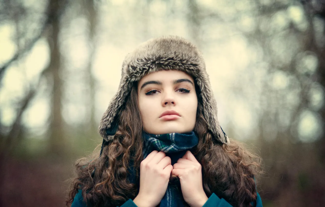 Photo wallpaper hat, portrait, scarf, bokeh