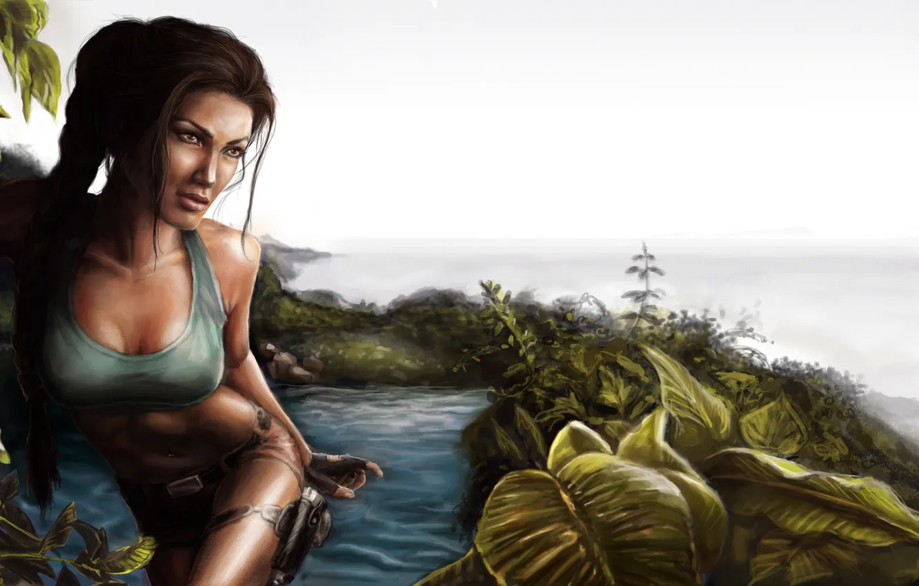 Photo wallpaper girl, gun, horizon, jungle, Tomb Raider, pond, Lara Croft