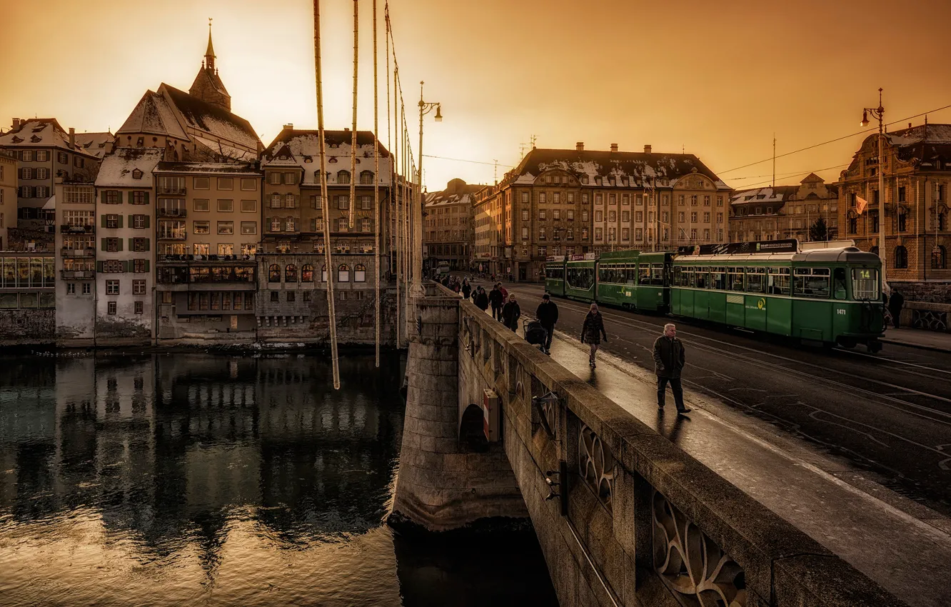 Photo wallpaper bridge, Switzerland, passers-by, Basel