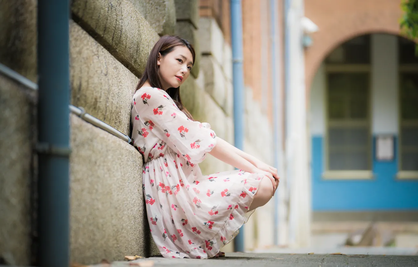 Photo wallpaper girl, pose, dress, Asian, bokeh