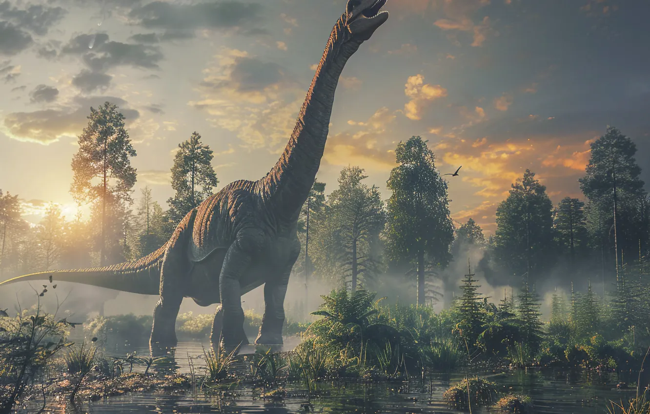 Photo wallpaper water, trees, animal, dawn, dinosaur, asteroids, digital art, Ancient animals