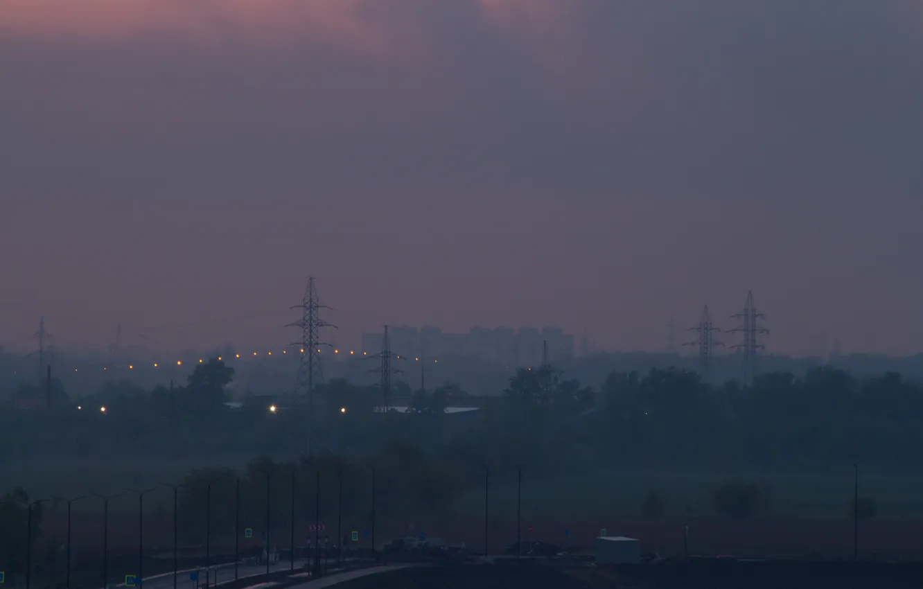 Photo wallpaper road, the sky, clouds, trees, the city, fog, building, home