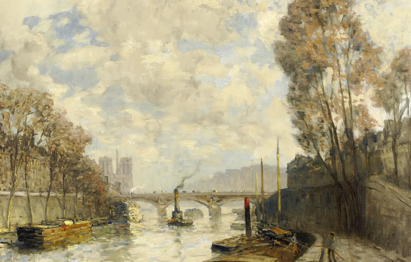 Photo wallpaper river, Paris, picture, the urban landscape, barge, Frank Boggs, Frank Myers Boggs, The Pont Saint-Michel