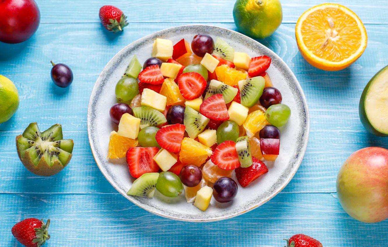 Photo wallpaper berries, orange, kiwi, strawberry, plate, grapes, fruit, fruit salad