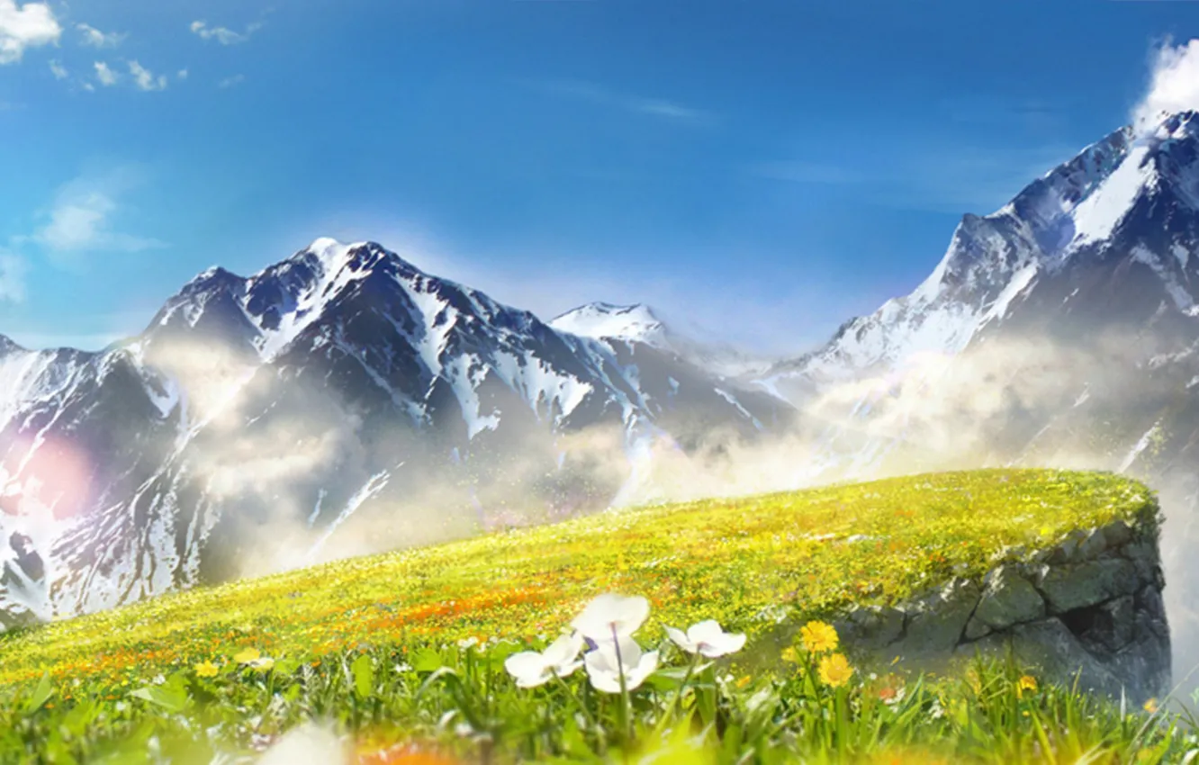 Photo wallpaper the sky, clouds, flowers, mountains, art