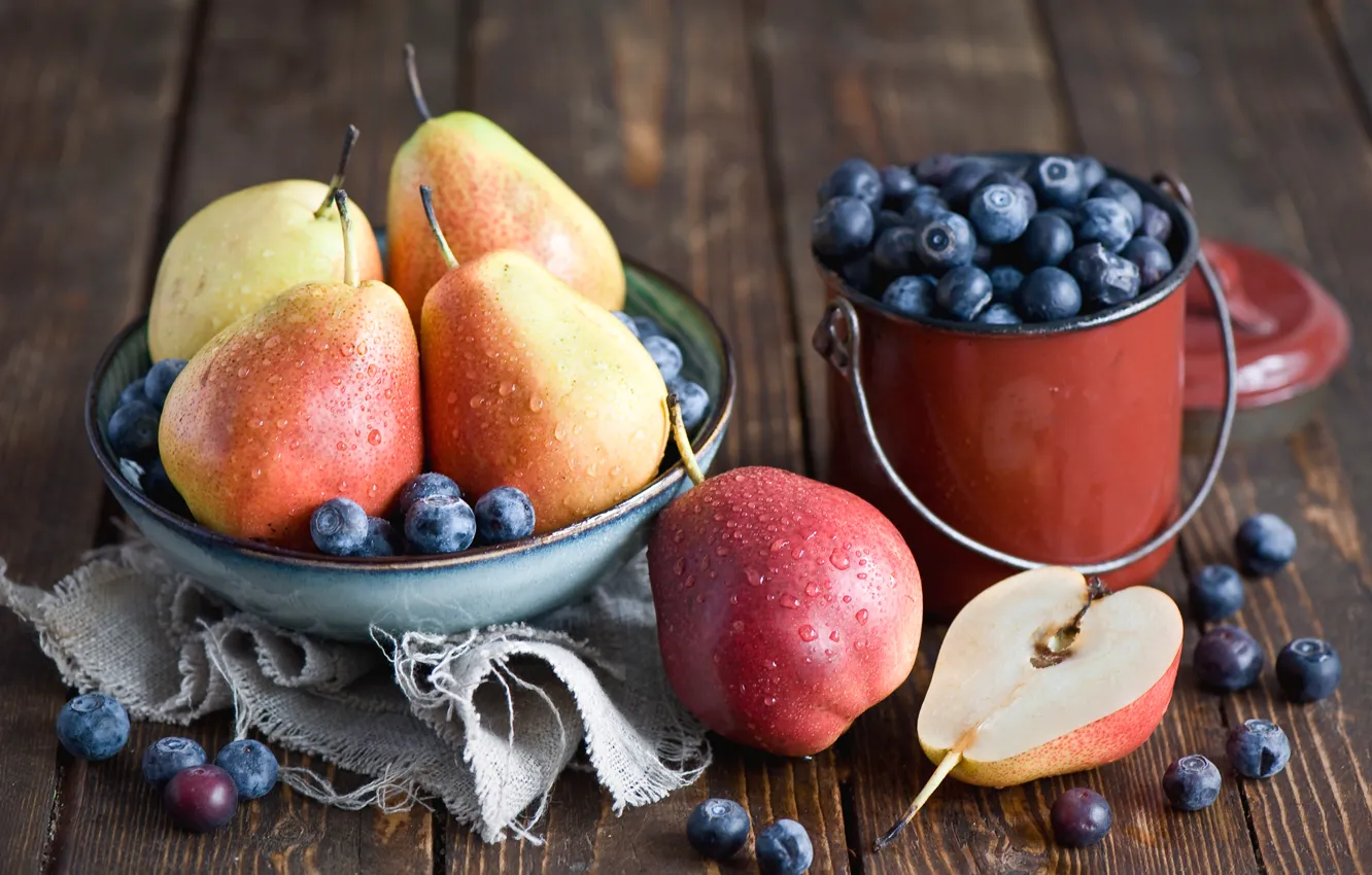Photo wallpaper berries, blueberries, plate, dishes, fruit, still life, pear, Anna Verdina