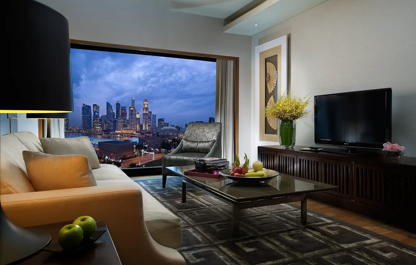 Photo wallpaper design, the city, style, table, room, sofa, apples, view