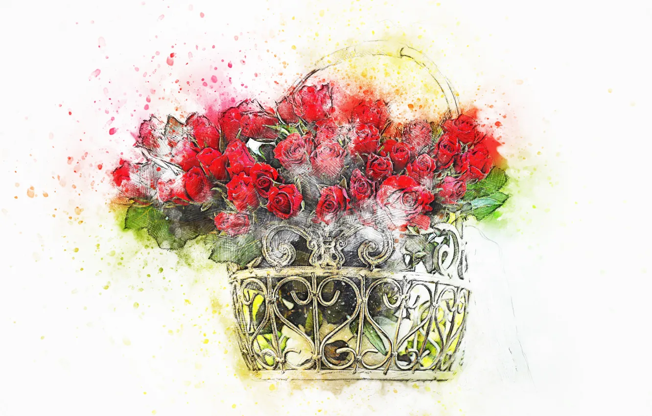 Photo wallpaper roses, basket, picture