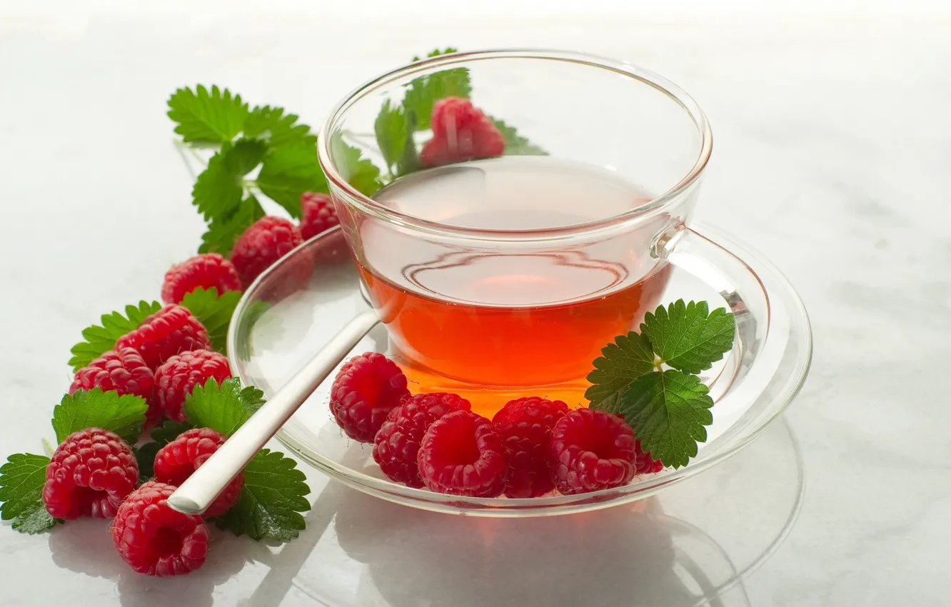 Photo wallpaper raspberry, tea, spoon, Cup
